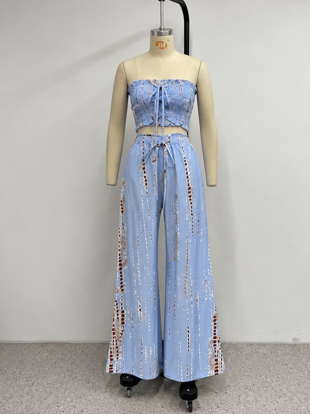 Strapless Light Blue Printed Wide-Leg Two Piece Pant and Too